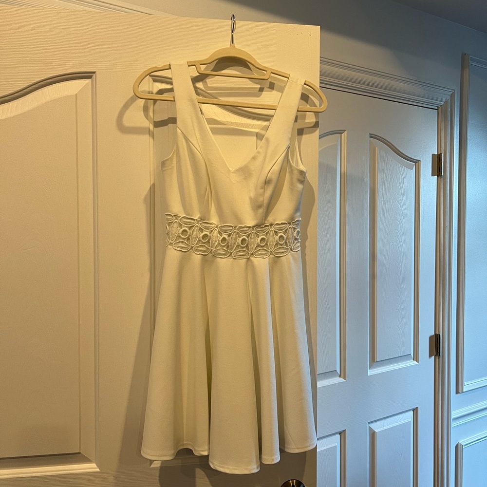 White skater dress with mesh floral waist